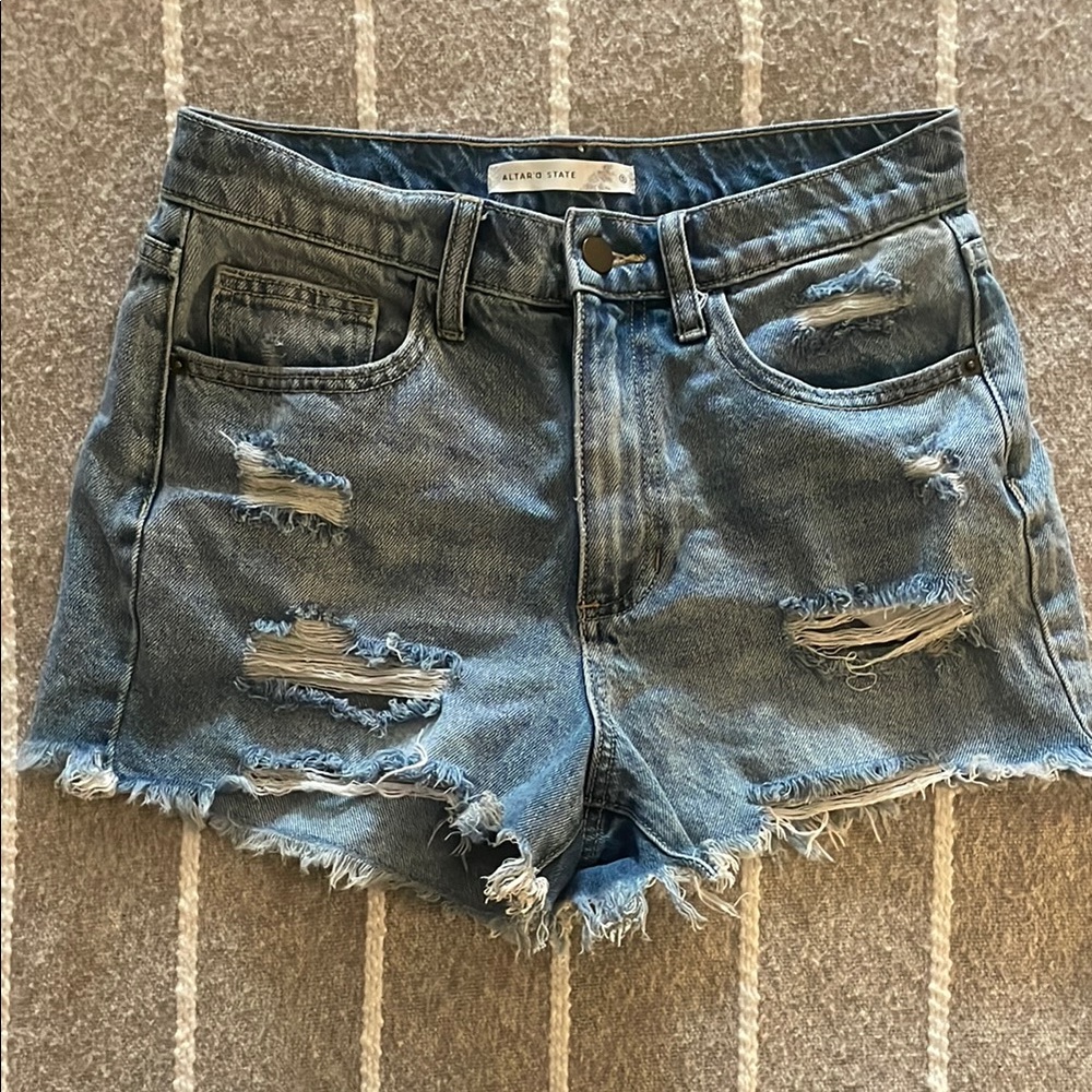 Altar'd State Blue Distressed Jean Shorts Frayed Hem